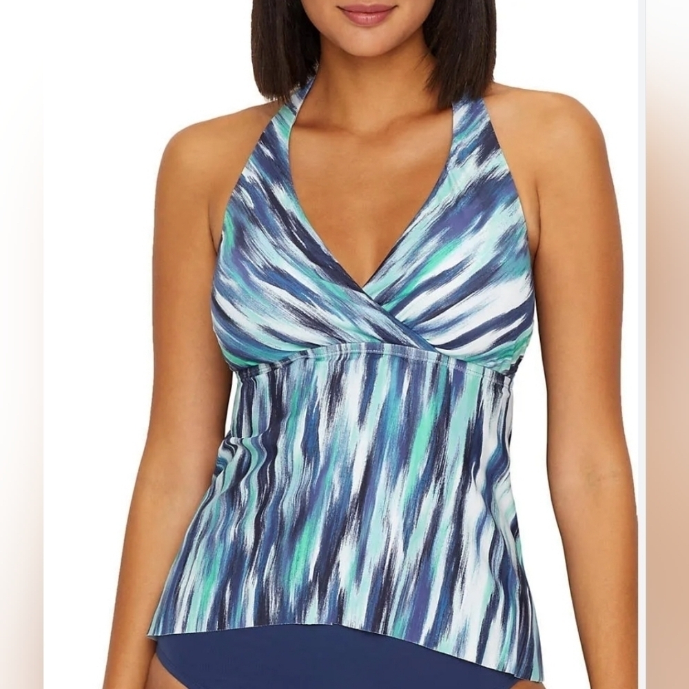 24th & Ocean Wrap Front Halter Tankini Swimsuit Top Blue Aqua Size Large